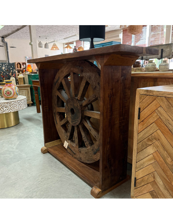 Console en teck recyclé avec roue de charrette ancienne – 140 x 40 x 109 cm