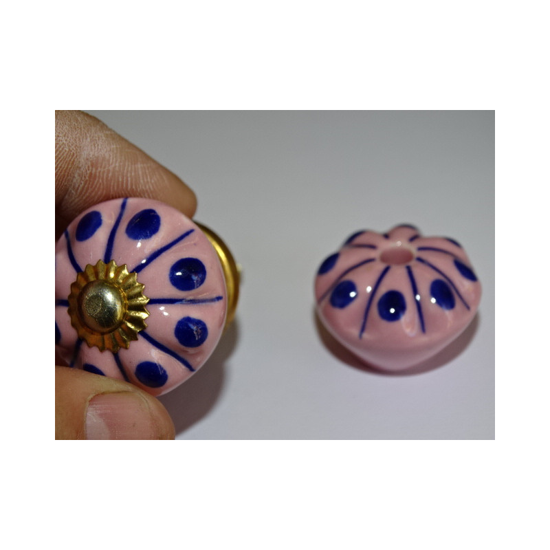 Petite Poignée de meuble citrouille rose à pois bleu