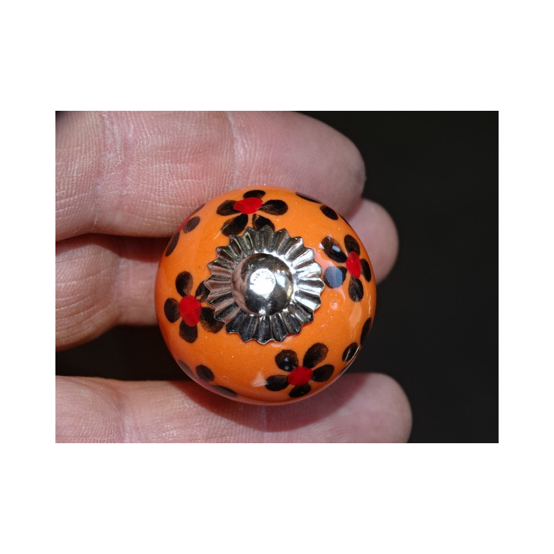 mini orange ceramic buttons and black flower - silver