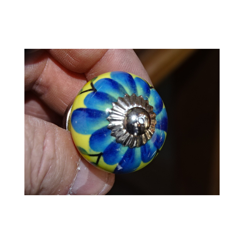 mini boutons en céramique jaune et fleur turquoise - argenté