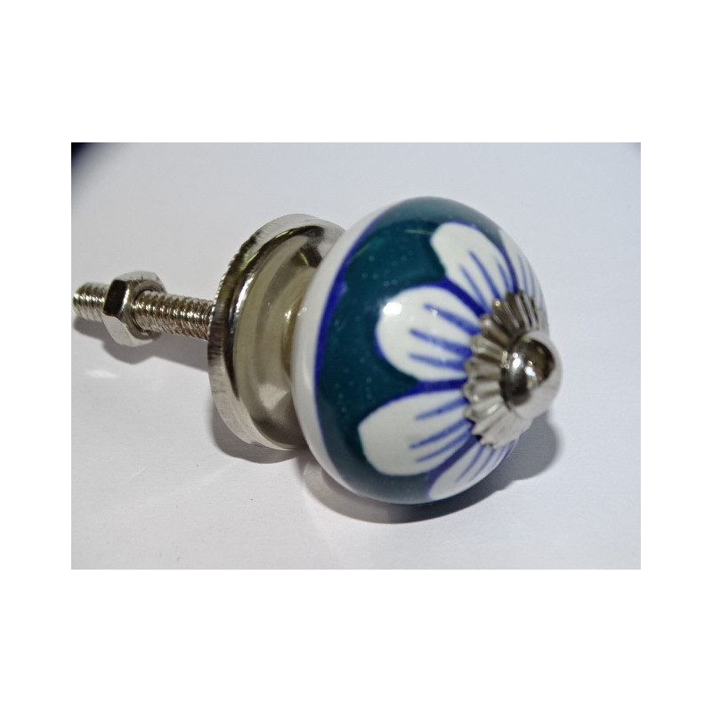 mini buttons in emerald ceramic and white flower - silver