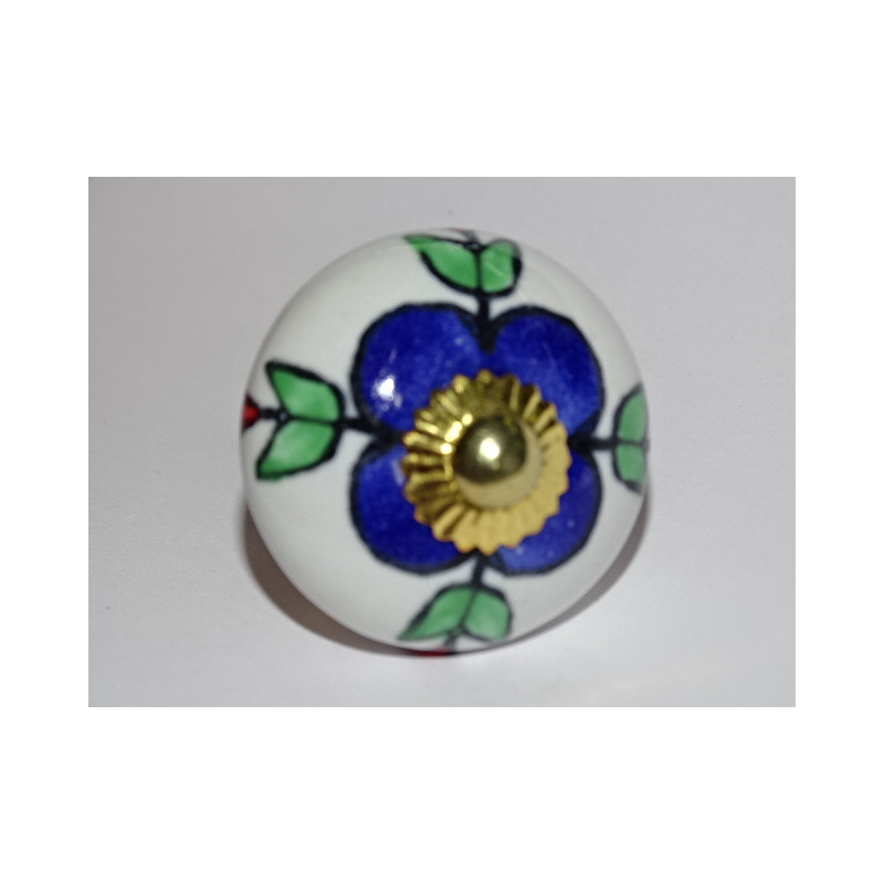 White drawer knobs with ultramarine flowers