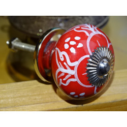 Drawer handle in red porcelain and white poppy