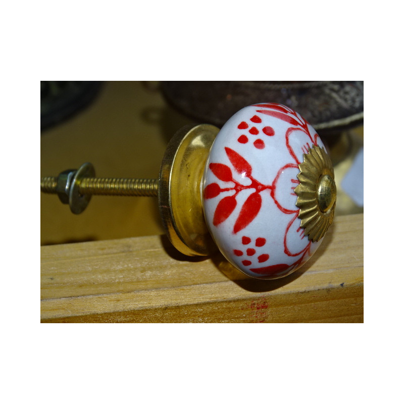 Manija del cajón de flores de porcelana y helechos rojos