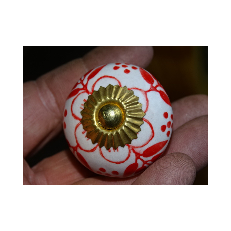 Porcelain drawer handle red flower and 4 foliage
