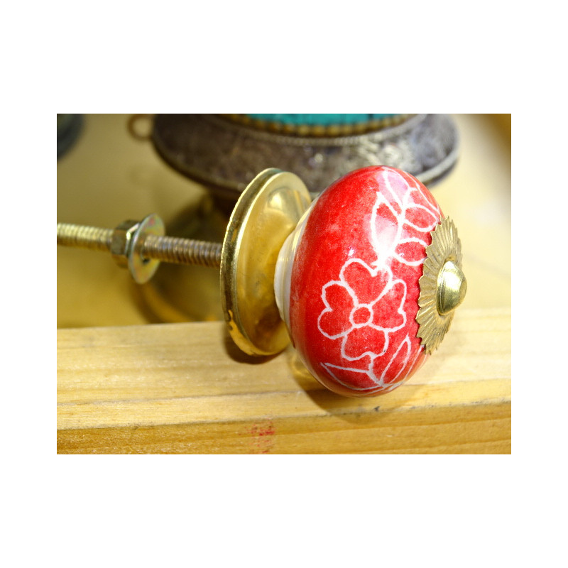 Maniglia per cassetto in porcellana rossa e fiori bianchi