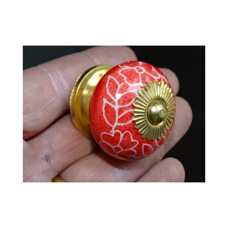 Maniglia per cassetto in porcellana rossa e fiori bianchi