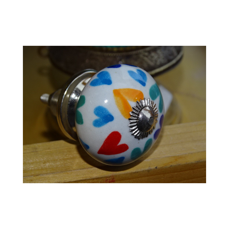 Poignée de tiroir en porcelaine coeurs multicolors