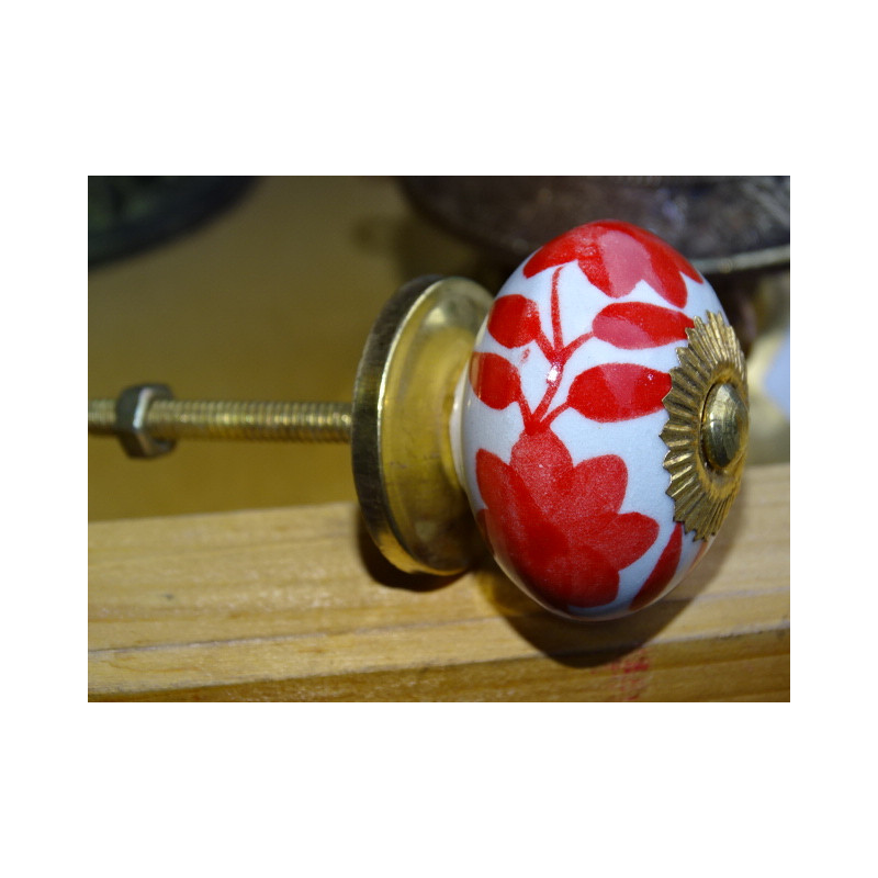 Maniglia per cassetto fiore in porcellana e felci rosse
