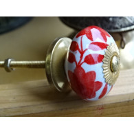 Poignée de tiroir en porcelaine fleur et fougères rouge