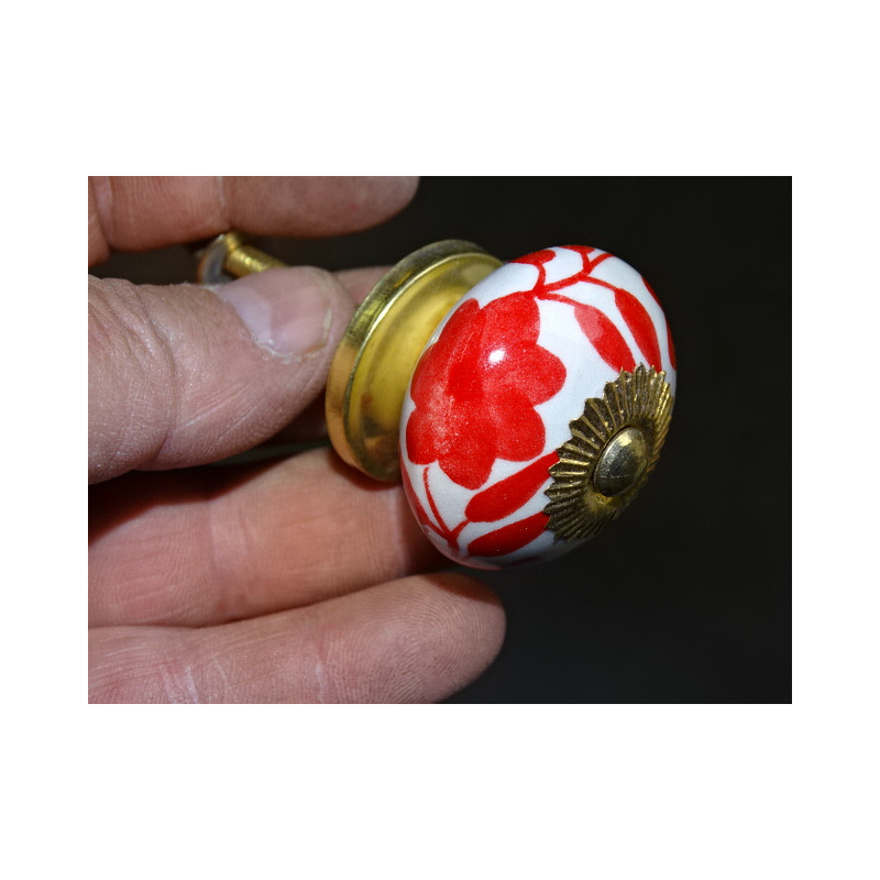 Poignée de tiroir en porcelaine fleur et fougères rouge