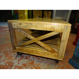 Table basse avec industrielle en teck recyclé avec roues trolley