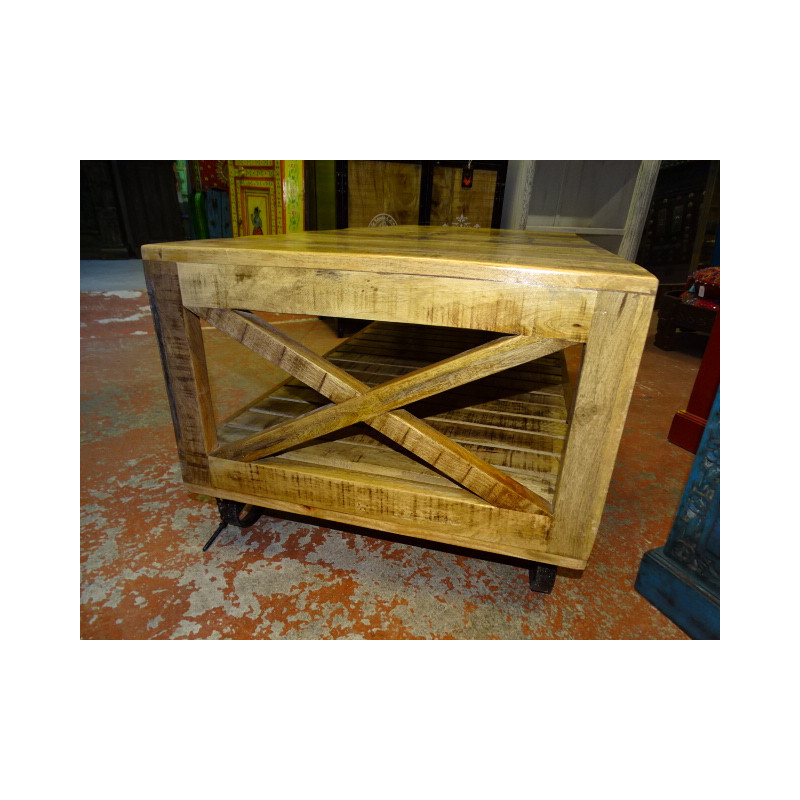 Table basse avec industrielle en teck recyclé avec roues trolley
