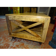 Coffee table with industrial recycled teak with trolley wheels