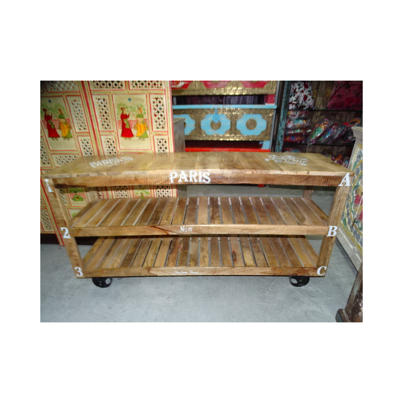 Table basse avec industrielle en teck recyclé avec roues trolley