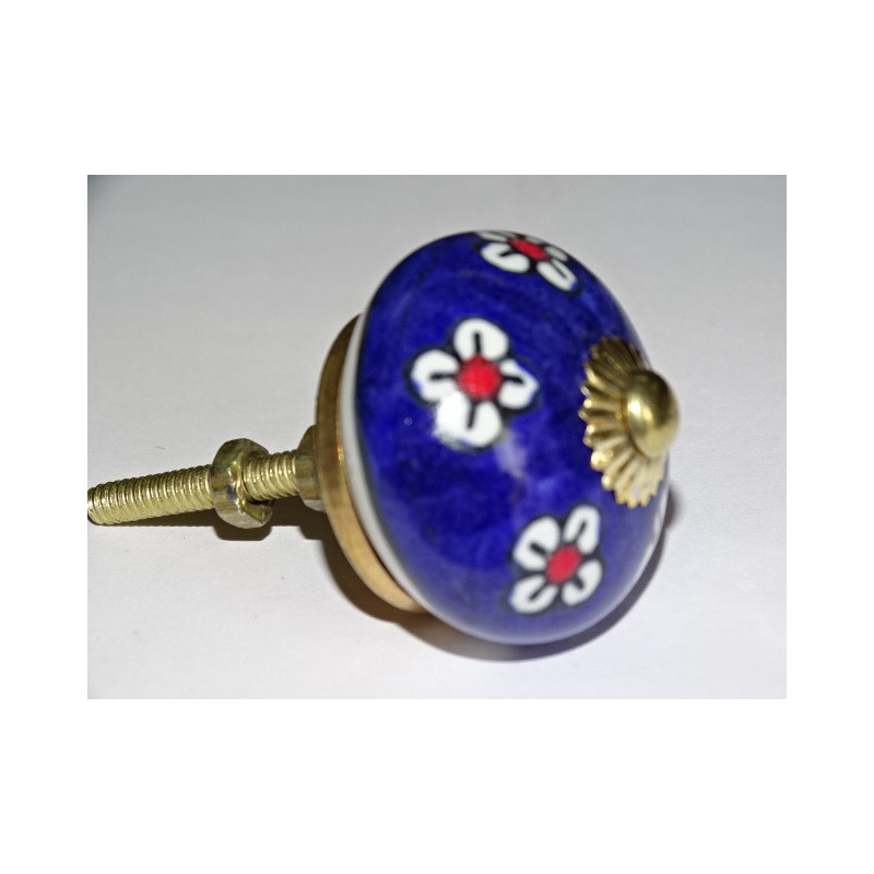 Boutons de tiroirs ou porte bleu outremer et fleurs blanches