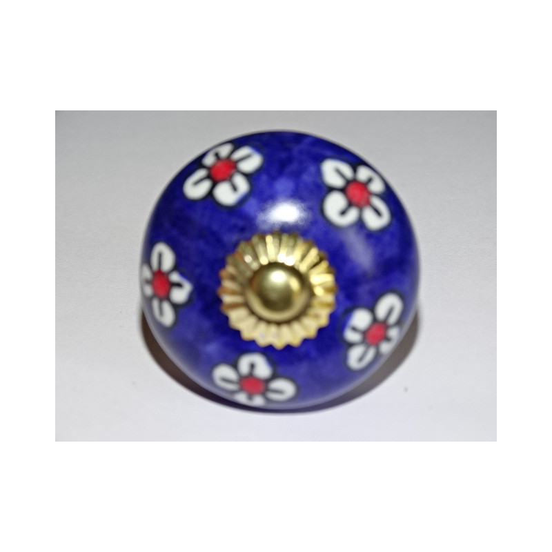 Boutons de tiroirs ou porte bleu outremer et fleurs blanches