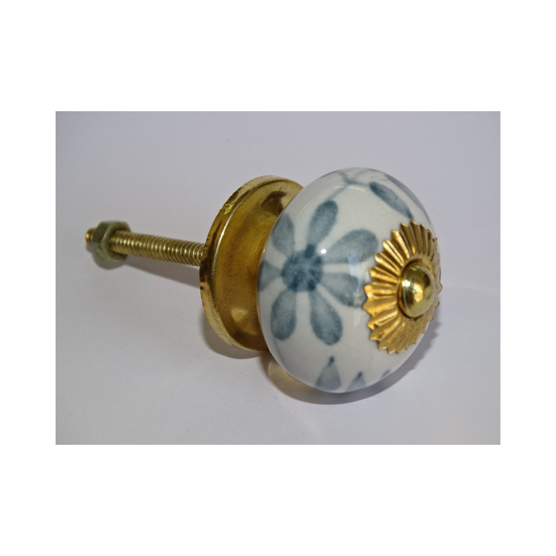 Boutons de tiroirs ou porte blanc avec grande fleur grise