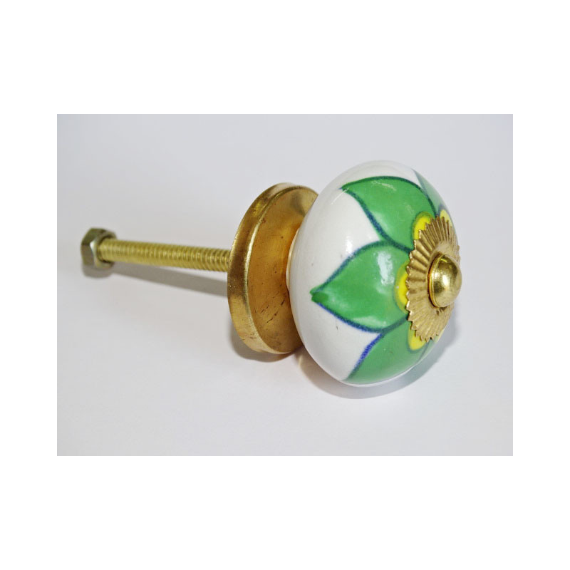 Porzellanschublade oder Türgriffe mit grüner und gelber Blume