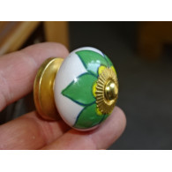 Boutons de tiroirs ou porte en porcelaine avec fleur verte et jaune