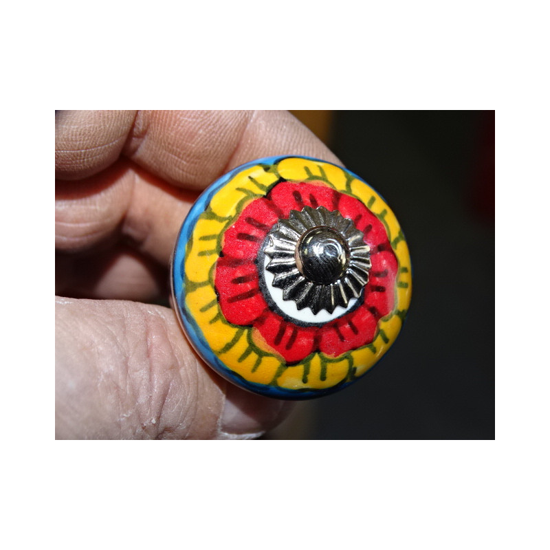 Pomos para muebles con gran flor roja y naranja - plata