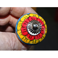 Furniture knobs with large red and orange flower - silver