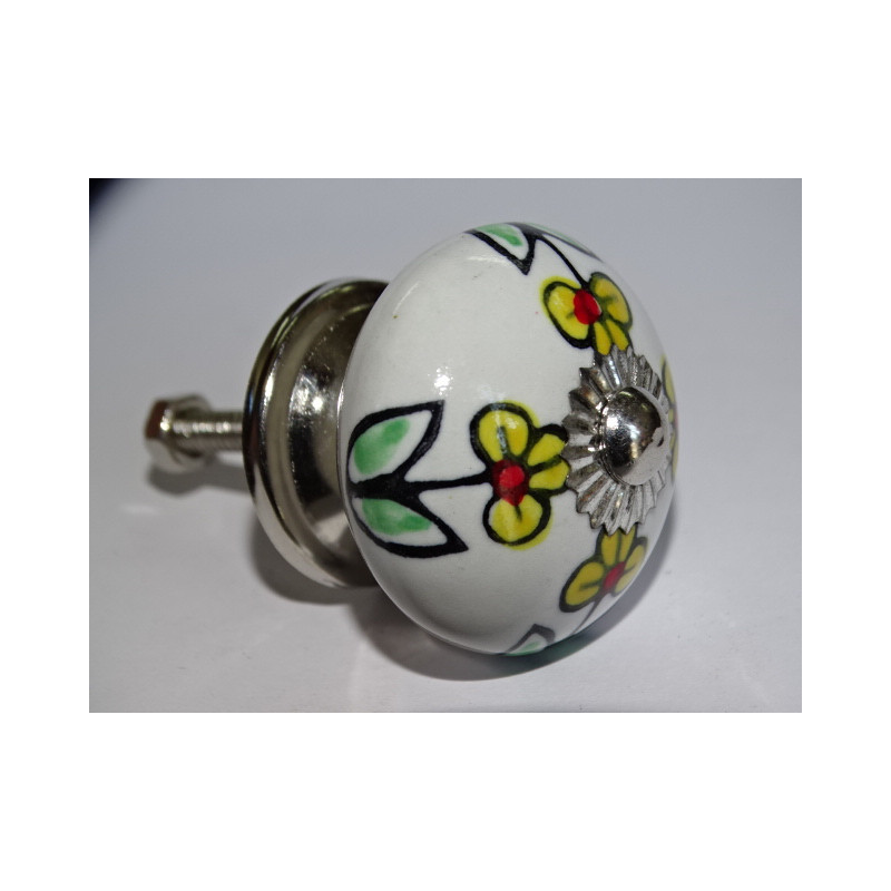 Pomos para muebles en porcelana blanca y pequeñas flores amarillas - plata