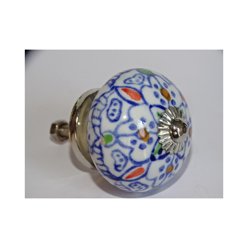 White furniture knobs with blue provence arabesque - silver