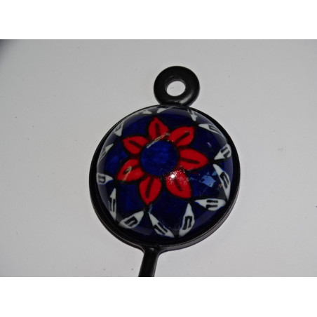 coat hook in ultramarine blue ceramic and red flower