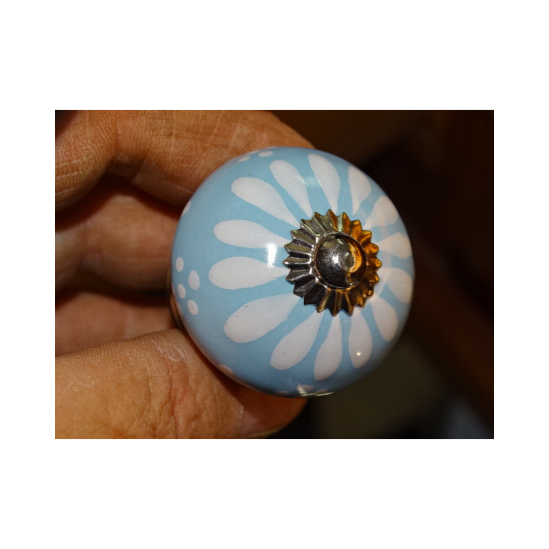 Sky blue porcelain and white dandelion furniture knobs - silver