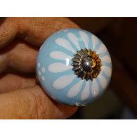 Boutons de meubles en porcelaine bleu ciel et pissenlit blanc - argenté