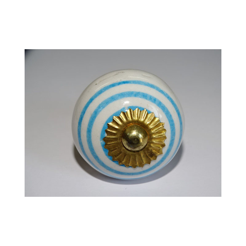 Furniture knobs in white porcelain with turquoise lines - gold