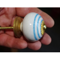 Furniture knobs in white porcelain with turquoise lines - gold