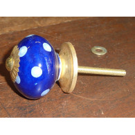 Boutons en porcelaine bleu outremer et pois blanc - doré