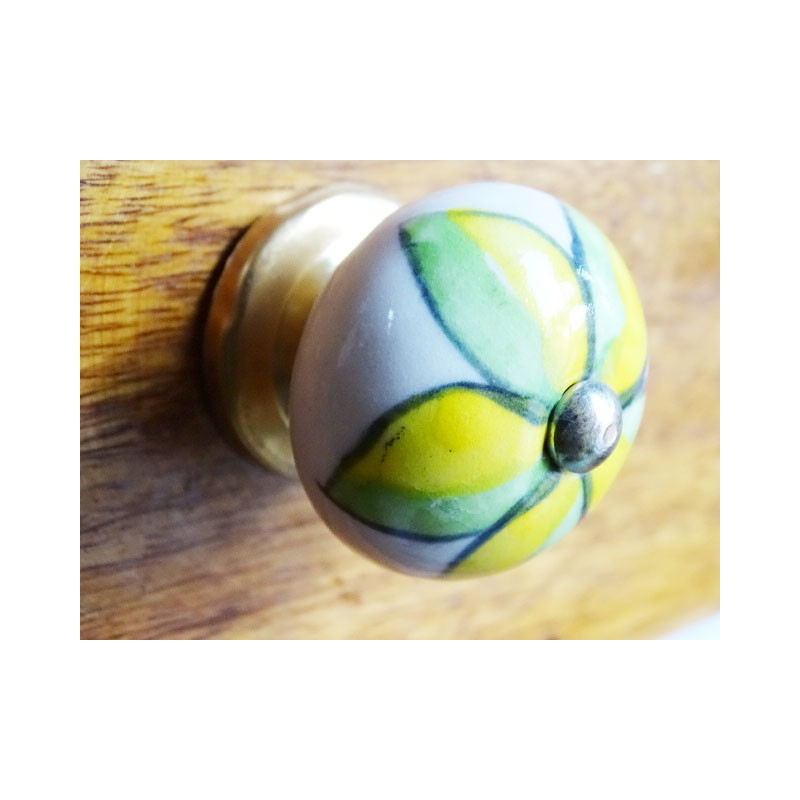 Poignée en porcelaine fleur verte et jaune