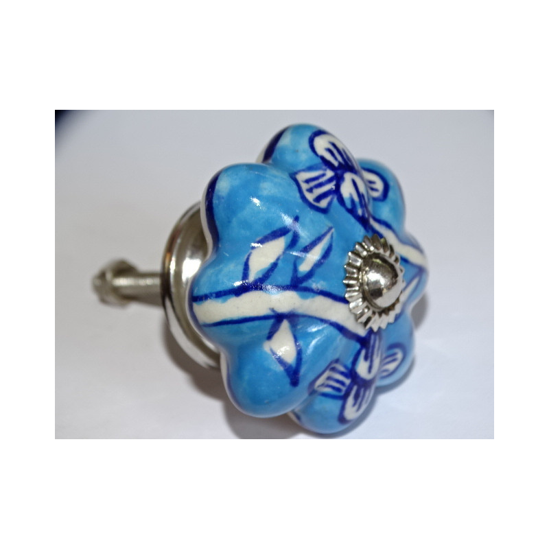 Poignée citrouille en porcelaine turquoise avec fleurs outremer - argenté