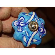 Poignée citrouille en porcelaine turquoise avec fleurs outremer - argenté