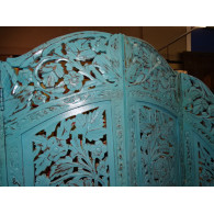 Paravent rond fleurs turquoise poncé