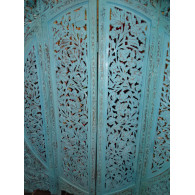 Paravent rond fleurs turquoise poncé