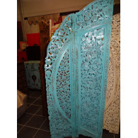 Paravent rond fleurs turquoise poncé