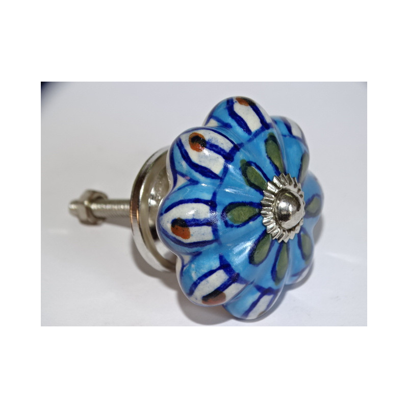 Poignée citrouille en porcelaine turquoise et pétales blancs - argenté