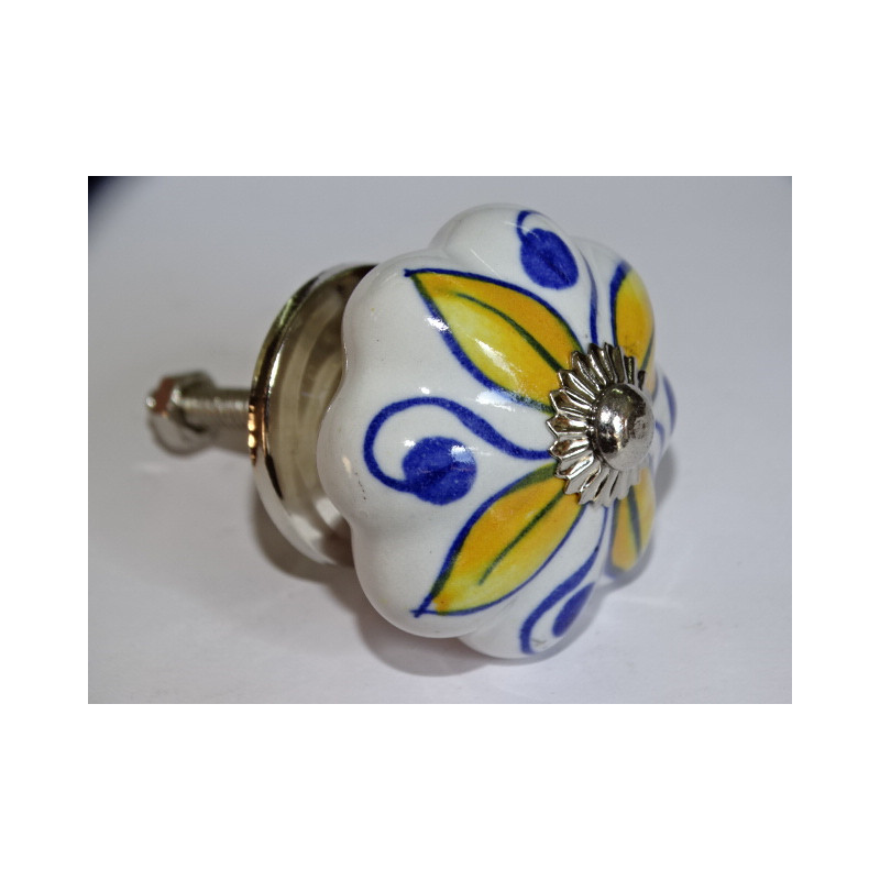 Poignée citrouille en porcelaine blanche et 4 pétales jaune - argenté