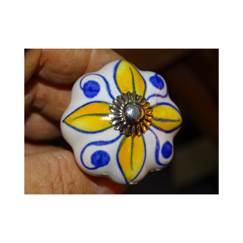 Poignée citrouille en porcelaine blanche et 4 pétales jaune - argenté
