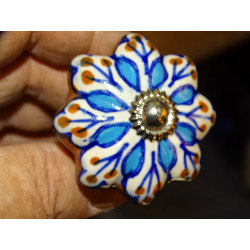 Kürbisgriff aus braunem Porzellan und türkisfarbener Blume - Silber