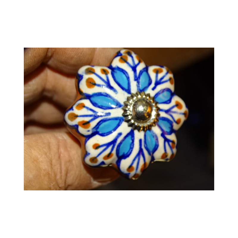 Pumpkin handle in brown porcelain and turquoise flower - silver
