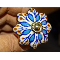 Poignée citrouille en porcelaine marron et fleur turquoise - argenté