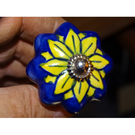 Kürbisgriff aus ultramarinblauem Porzellan und gelber Sonnenblume - silber