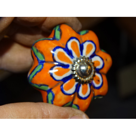 Porcelain pumpkin handle with orange and green flower - silver