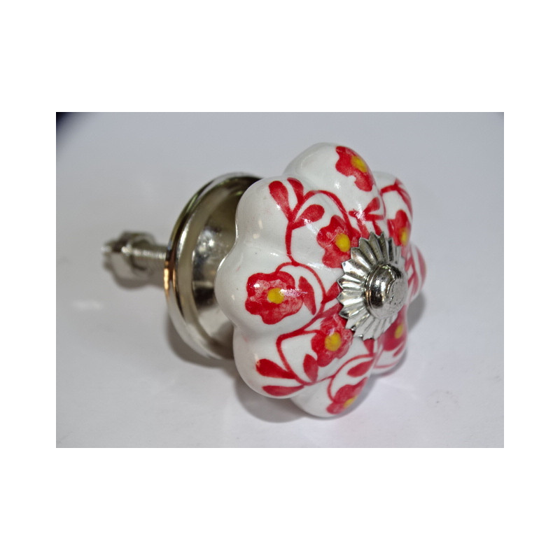 Poignée citrouille en porcelaine blanche et fleur rouge - argenté
