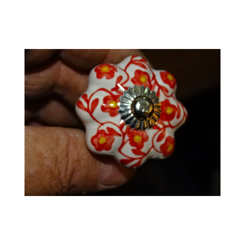 Mango de calabaza en porcelana blanca y flor roja - plata